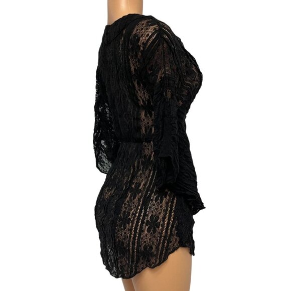 Solitaire Women's Black Sheath Blouse Knit V Neck Butterfly Sleeves Stretch - Picture 6 of 10